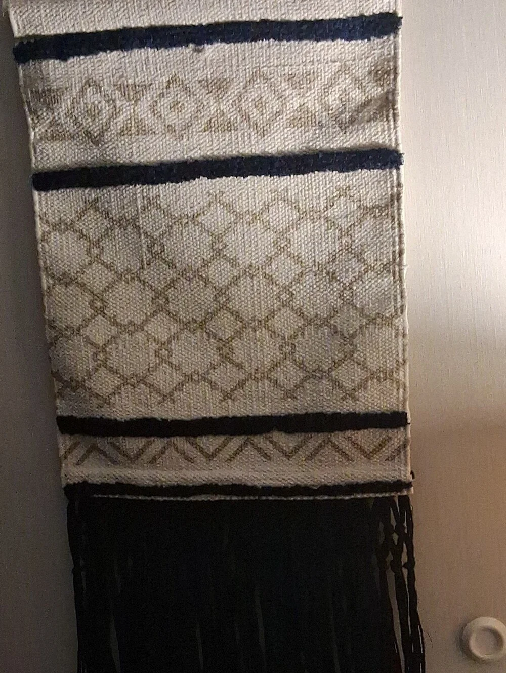 2 Neutral Cream and Black Woven Wall Hanging with Fringe - Home Wall Decor